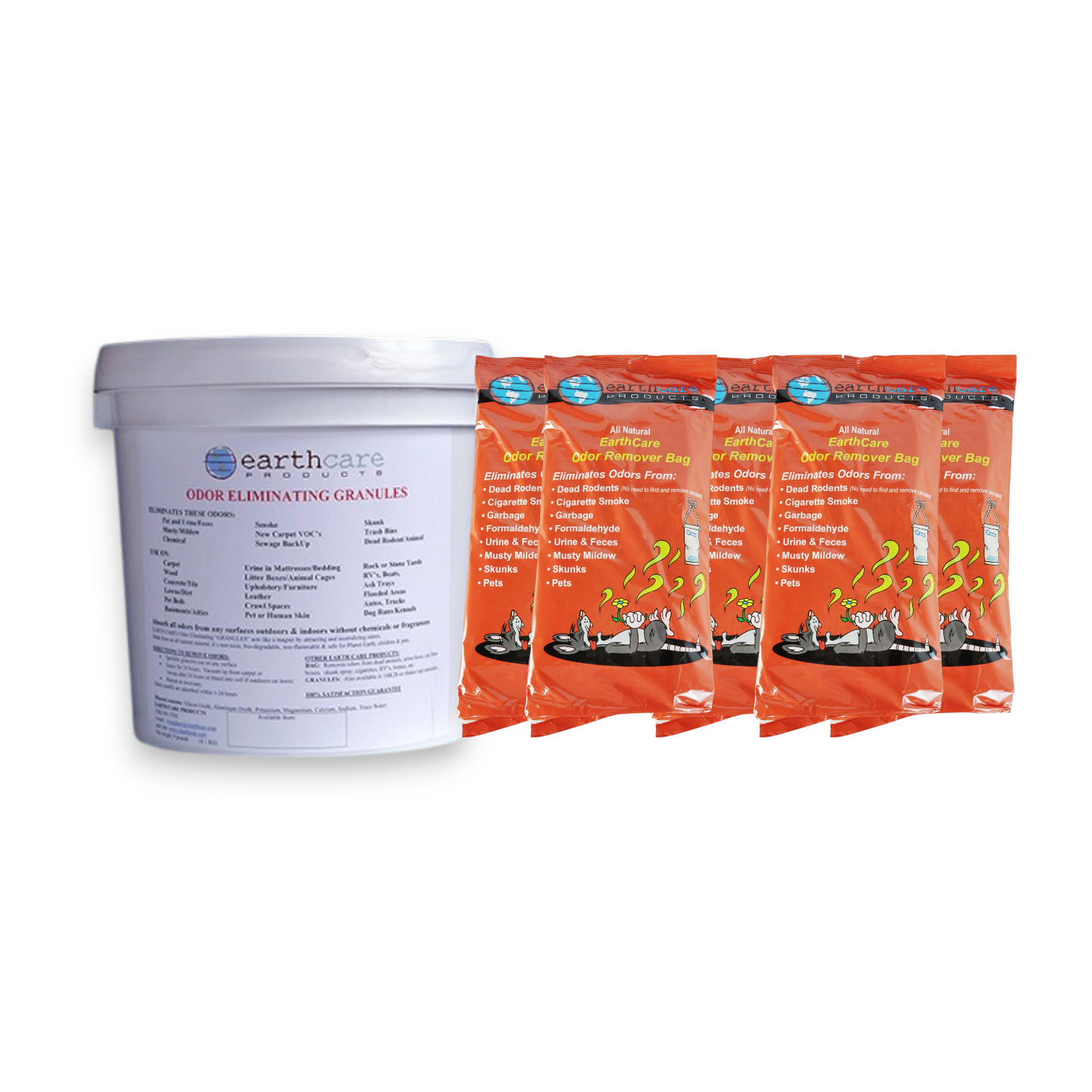 Kit anti-odeurs Earthcare Flood – Granules 4,08 kg + 5 sacs anti-odeurs, couverture 900 pi², efficace 3 mois