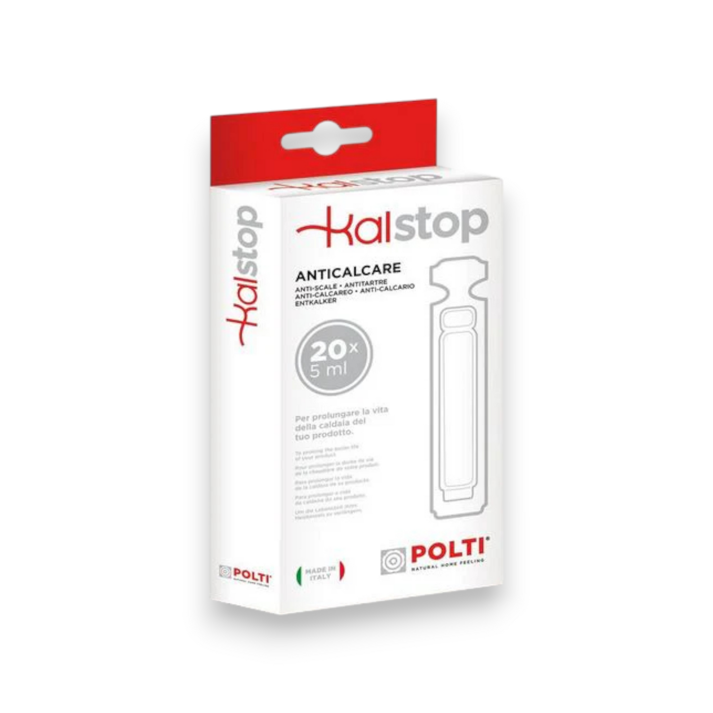 Kalstop Polti – Natural and biodegradable limescale remover for boiler appliances, 20 single-dose vials of 5 ml